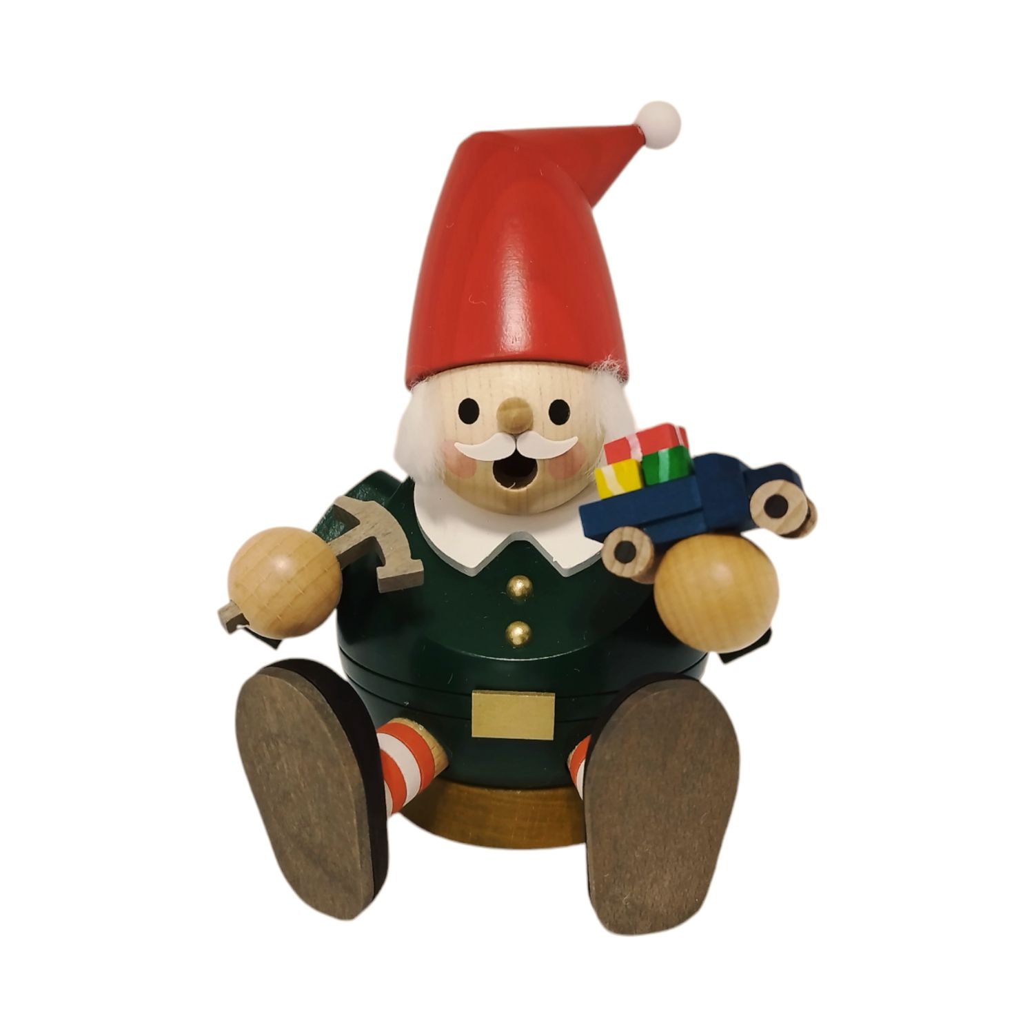 Kugelräuchermann Zwerg mit Hammer und Auto, sitzend