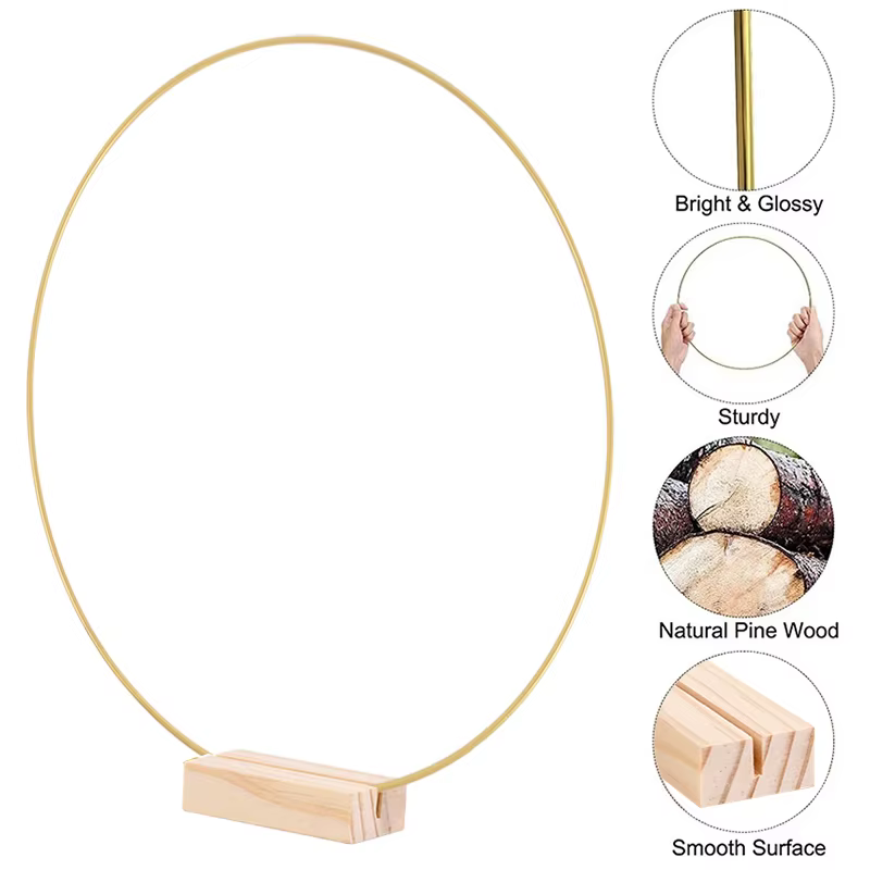 Goldener Metallkranz und Holzbasis Kartenhalter: DIY Hochzeitsdekoration und Blumengirlanden-Draht-Ringe – Bild 3