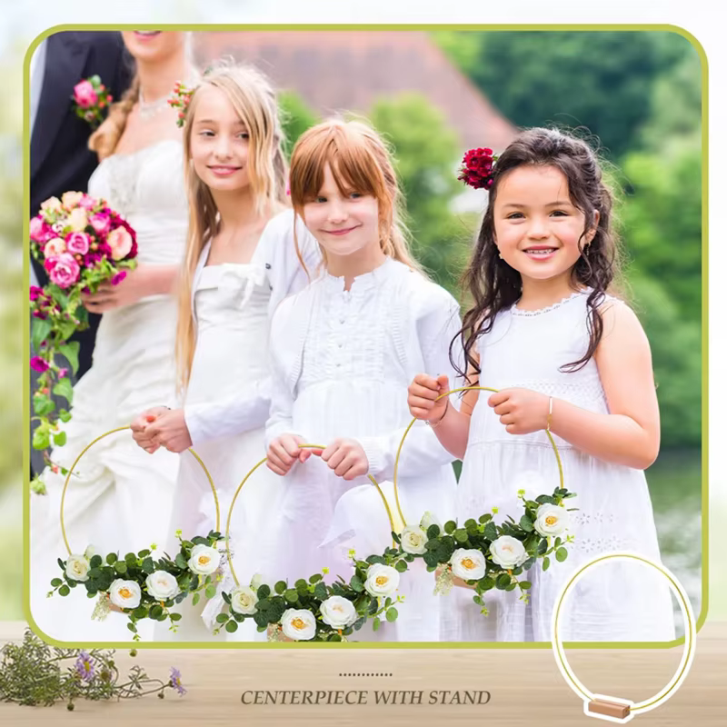 Goldener Metallkranz und Holzbasis Kartenhalter: DIY Hochzeitsdekoration und Blumengirlanden-Draht-Ringe – Bild 4