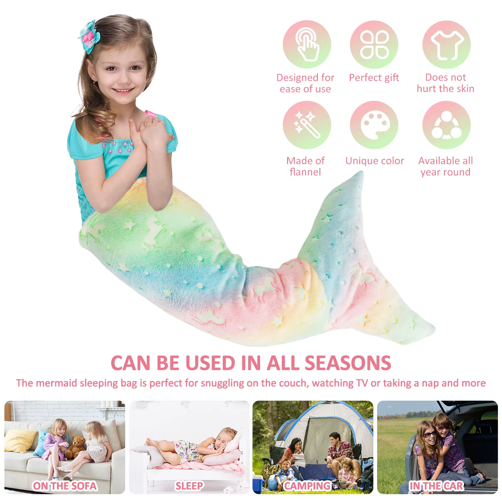 Leuchtende Meerjungfrauenschwanz-Kinderdecke aus weichem Flanell – Magischer Schlafspaß im Dunkeln – Bild 3