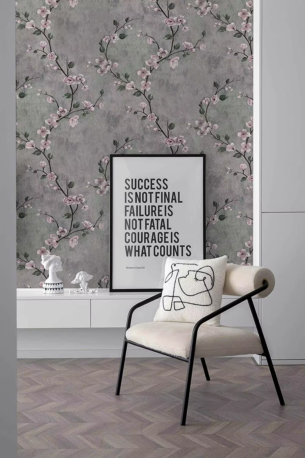 Blumentapete, graue Tapete zum Abziehen und Aufkleben, Blumen-selbstklebende Tapetenrolle, abnehmbares Kontaktpapier, dekorativ – Bild 5