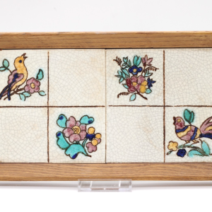 Serviertablett Tablett mit Griffen aus Holz Fliesen Vögel & Blumen Motiv Vintage