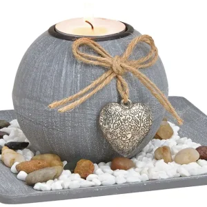 Windlichter auf Tablett mit Herzanhänger Geschenkset mit Dekosteinen grau 2-tlg