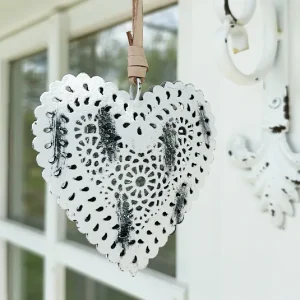 Herz zum Hängen weiß Metall mit Stoffband