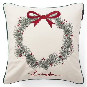 LEXINGTON Kissenhülle PINE WREATH ORGANIC COTTON VELVET PILLOW COVER, White/Green/Red, 50 x 50
